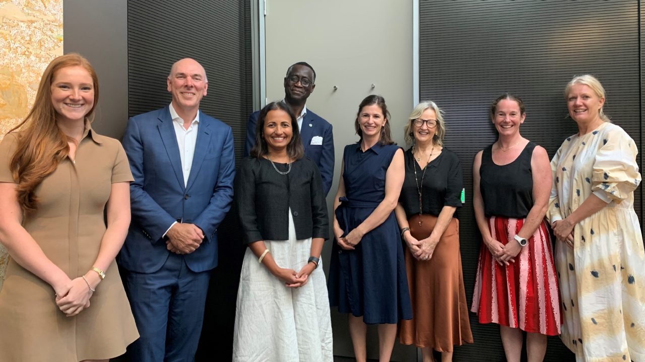 A meeting between World YMCA and Macquarie Group Foundation. Left to right: Olivia McDonald, Alex Harvey, Lisa George, Carlos Madjri Sanvee (World YMCA), Lauren O’Shaughnessy, Jan Owen (World YMCA), Susan Clear and Caroline Chernov (World YMCA). 