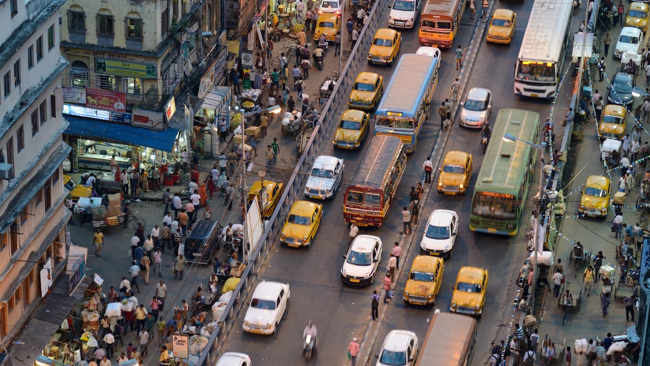 A busy city street in central Kolkata, India 