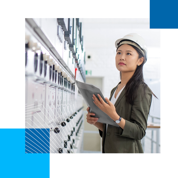 Xiaoyu Zhu works as a sustainability expert at MAM’s Chempark portfolio company Currenta and plays a vital role in several transformational projects. She is pictured examining an industrial switchbox at the Dormagen site in North Rhine-Westphalia, Germany 