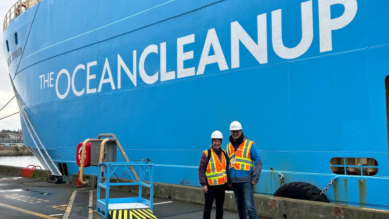 Image: Susan Clear (left) and Leonard Sprik (right), Macquarie relationship manager, The Ocean Cleanup, viewing operations at Victoria, British Columbia, Canada. 
